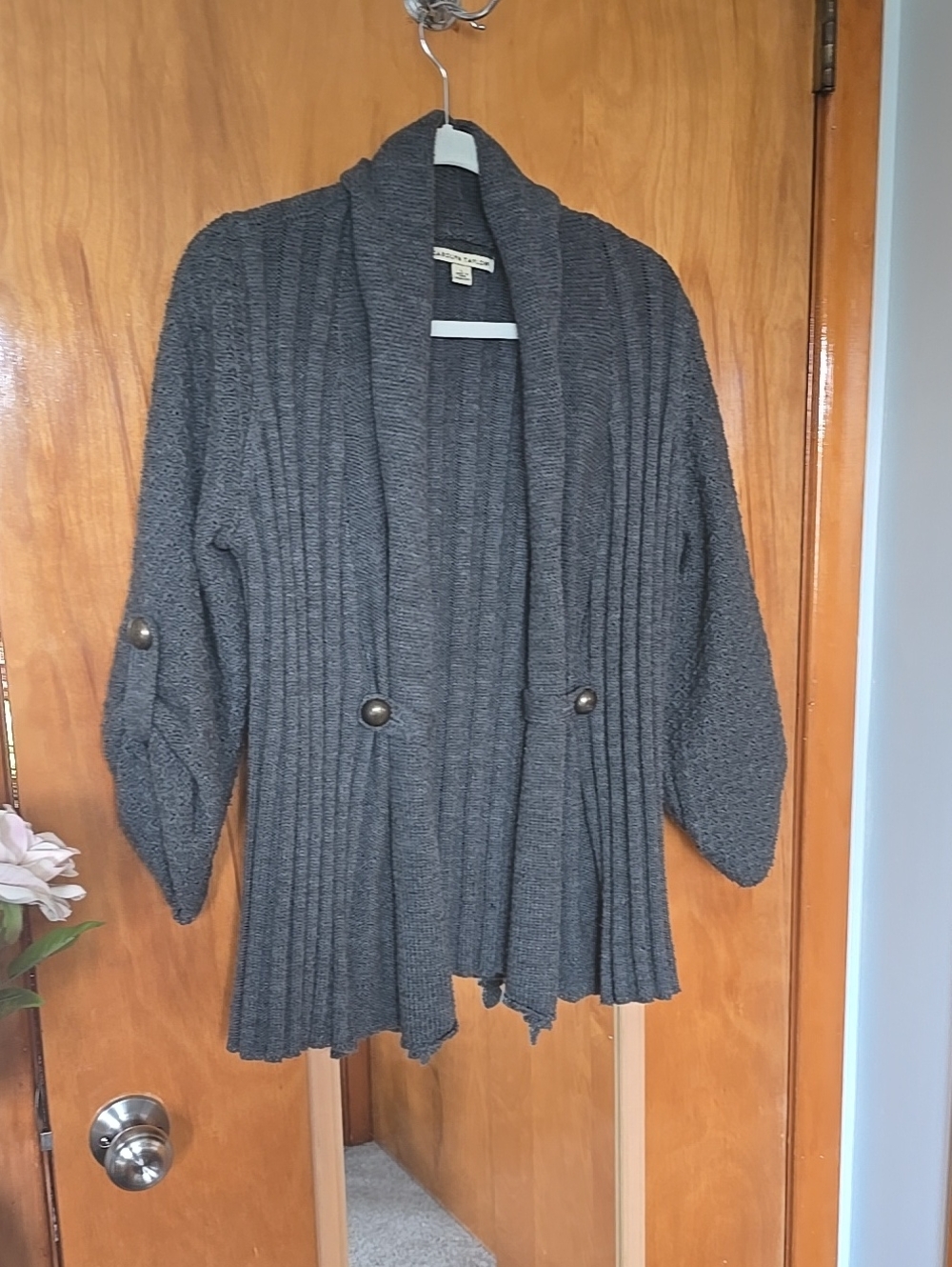 Carolyn TaylorCharcoal Gray Ribbed Open Front Cardigan Plisse Flared Hem Size L
